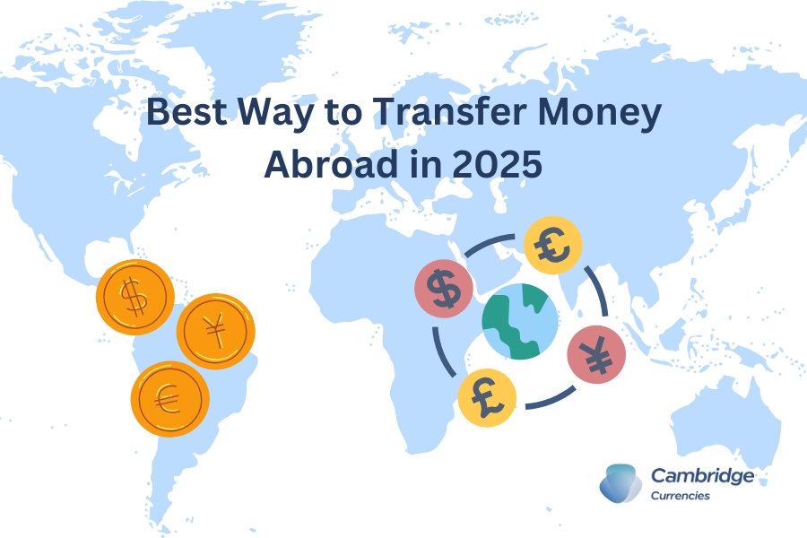 Best Way to Transfer Money Abroad in 2025: World map with currency symbols and global transfer concept.