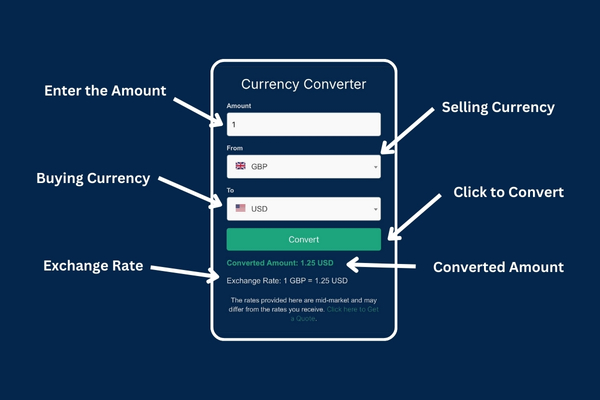 Currency converter tool showing how to enter an amount, select buying and selling currencies, and convert exchange rates.