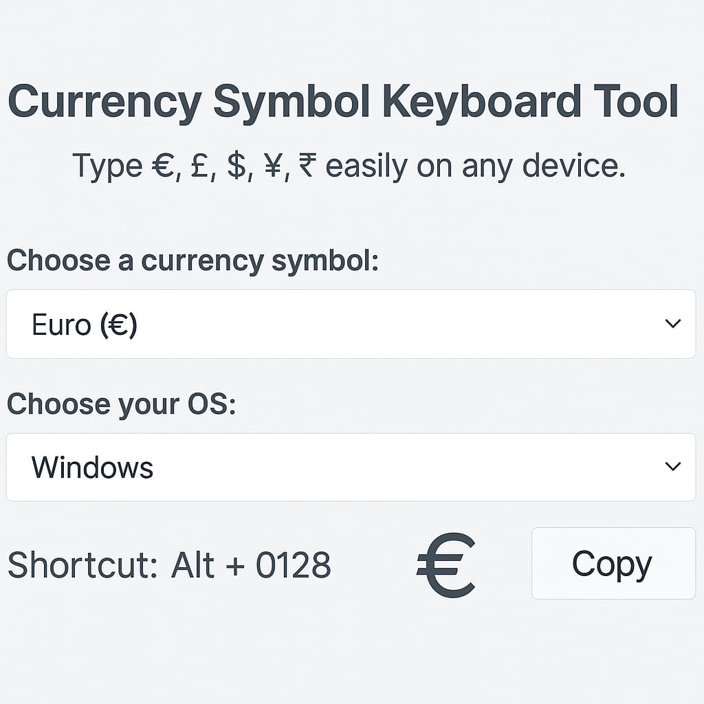 Screenshot of the Currency Symbol Keyboard Tool showing how to type € £ $ ¥ ₹ on any device.