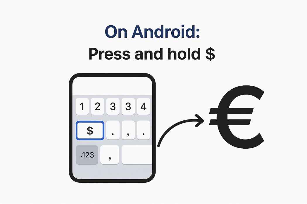 Android phone keyboard demonstrating long-press on dollar sign to access Euro symbol