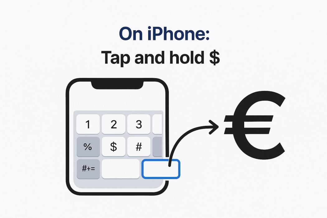 iPhone keyboard showing how to press and hold dollar sign to find Euro symbol