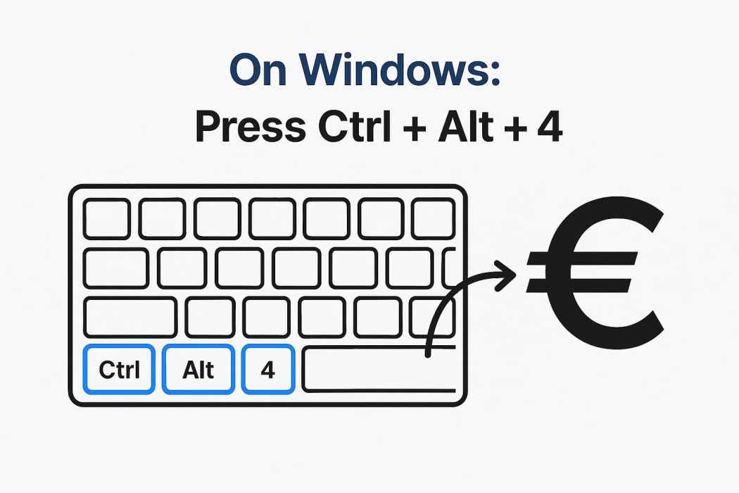 Windows keyboard showing Ctrl + Alt + 4 shortcut to type Euro symbol