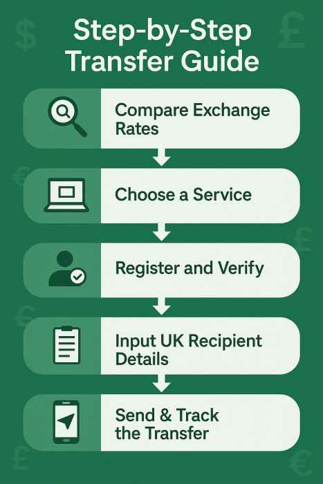 Infographic showing step-by-step process to send money from Pakistan to the UK, including comparing rates, choosing a service, and sending the transfer