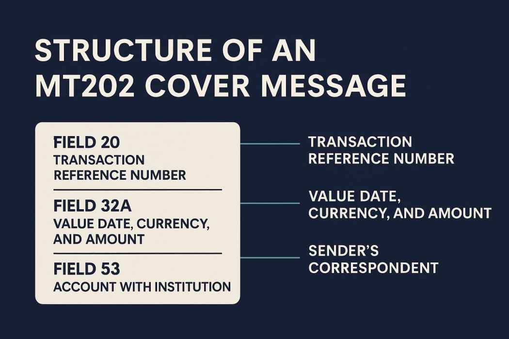 Infographic breaking down the structure of an MT202 COV SWIFT message with labeled fields like Field 20, Field 32A, and Field 53