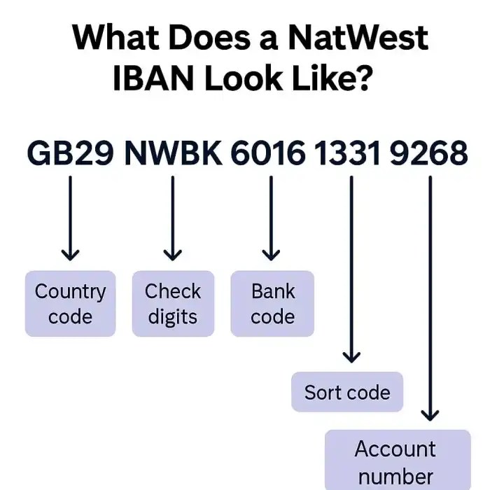 Visual breakdown of a NatWest IBAN, showing the country code, check digits, bank code, sort code, and account number.
