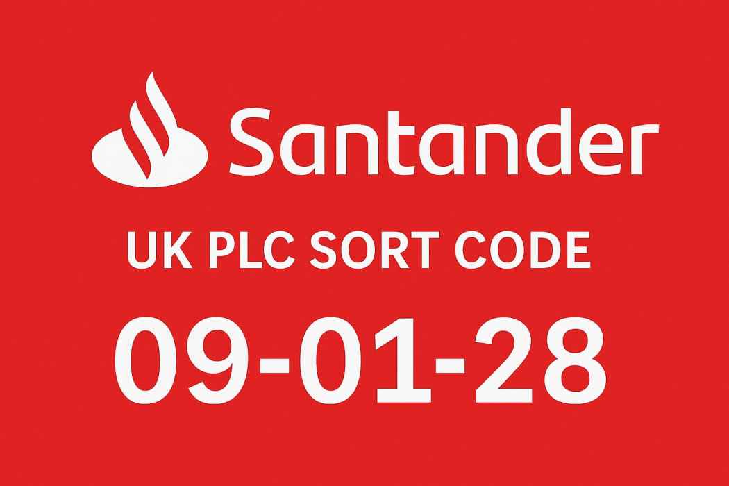 Thumbnail image showing Santander UK PLC sort code 09-01-28 and branch address info on a red background with Santander logo