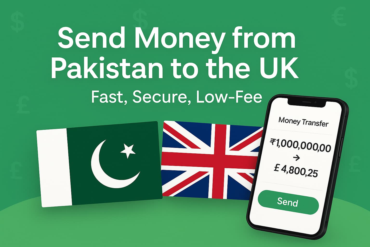 Illustration of sending money from Pakistan to the UK via mobile transfer with currency conversion