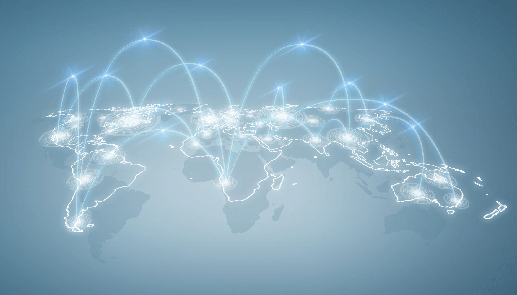 Digital world map with glowing connections across continents, symbolizing global network and seamless international money transfers.