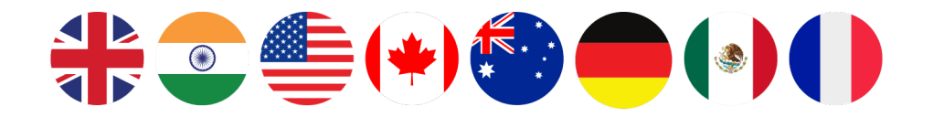 Round icons of flags representing the UK, India, USA, Canada, Australia, Germany, Mexico, and France, symbolizing global currency exchange and international money transfers.