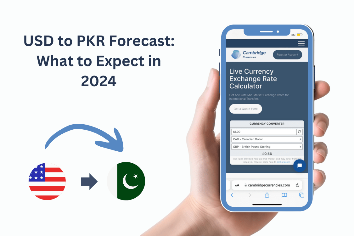 Mobile display of Cambridge Currencies' live currency exchange rate calculator for USD to PKR, forecasting what to expect in 2024, with the U.S. and Pakistan flags indicating currency conversion