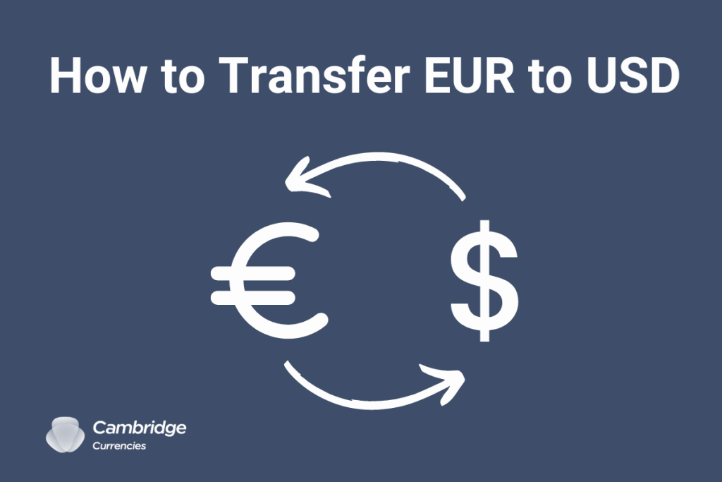 Cambridge Currencies graphic titled 'How to Transfer EUR to USD,' featuring a euro and dollar sign connected by circular arrows, symbolizing currency exchange.