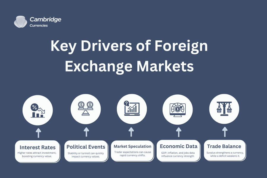 Graphic titled 'Key Drivers of Foreign Exchange Markets' with icons representing five factors: Interest Rates, Political Events, Market Speculation, Economic Data, and Trade Balance
