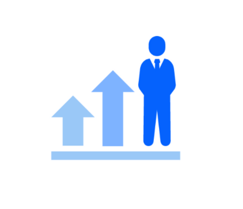 Illustration of blue figure standing next to stock graph representing profits