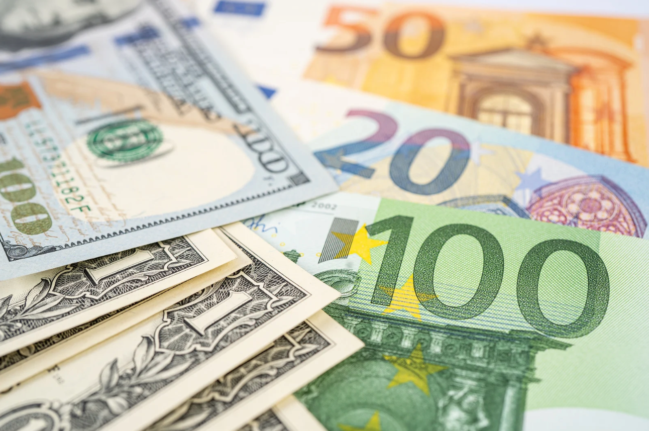 Mixed currency notes, dollar and euro showing clear illustration for us retail sales.