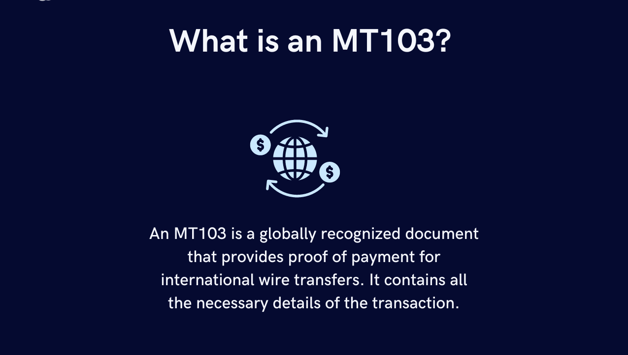 MT103 payment document explained - A globally recognized proof of payment for international wire transfers, detailing transaction specifics including sender, recipient, and amount.